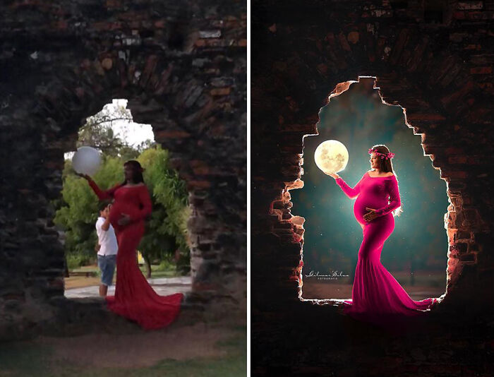 Pregnant woman in a red dress photorealistically edited to hold a glowing moon in professional photoshoot behind a brick wall.