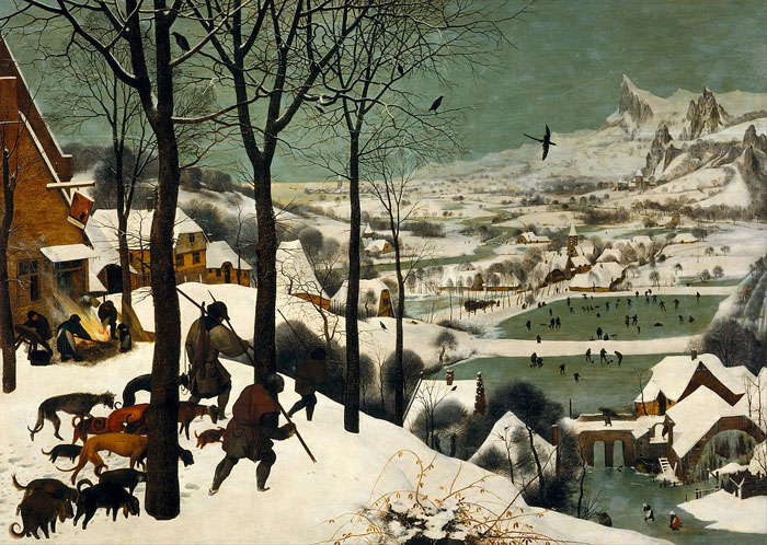 Winter landscape painting with hunters and snow-covered village by a world-famous painter.