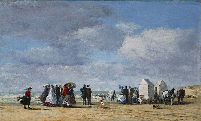 Beach scene with figures and clouds, showcasing a classic example of landscape paintings by world-famous artists.