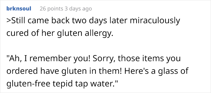 "Sorry, You Said You Were Allergic": Server Gets Applauded Online For Exposing Gluten-Free Trend Chaser