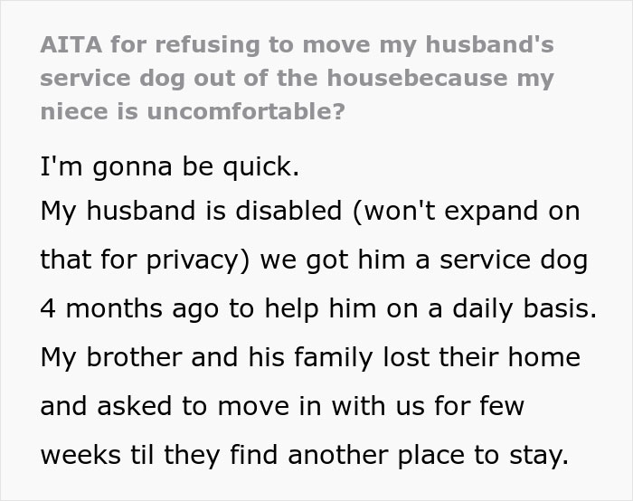 Niece Complains That Service Dog Is Making Her Uncomfortable, Her Aunt Refuses To Get Rid Of It, Starts Family Drama Niece Complains That Service Dog Is Making Her Uncomfortable, Her Aunt Refuses To Get Rid Of It, Starts Family Drama