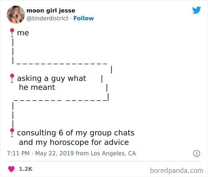 Consulting 6 group chats and horoscope for advice rather than asking a guy what he meant meme 