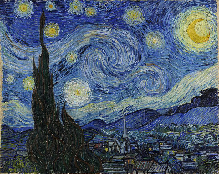 Famous landscape painting with swirling stars in a night sky over a village.