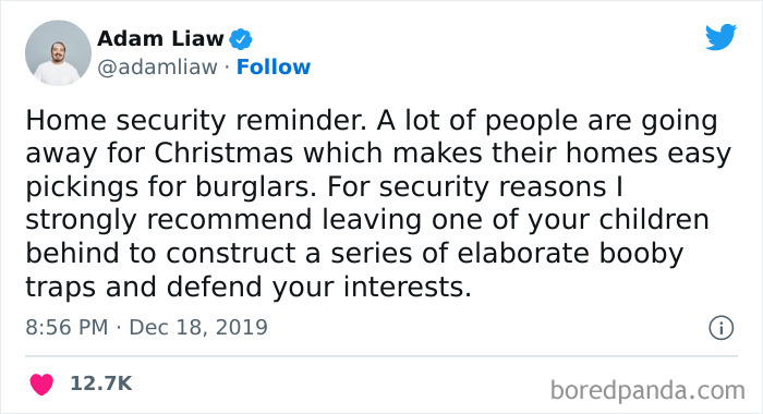 Tweet about Canadian life humor, suggesting booby traps for home security during Christmas travel.