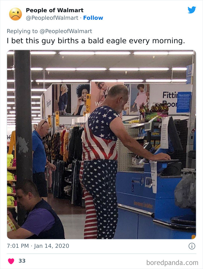 Man wearing an American flag outfit at Walmart checkout. Shocking Walmart photos as seen on social media.