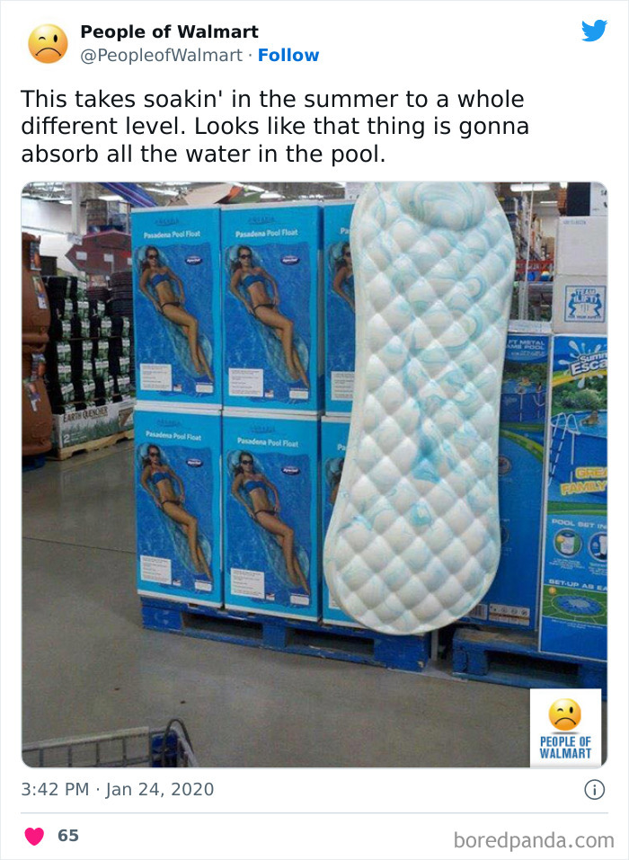 Oversized pool float at Walmart, humorously compared to absorbing all pool water, highlighting bizarre shopping finds.