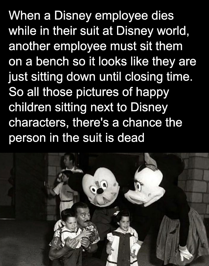 Creepy facts about Disney employees in suits at Disney World with children, part of random creepy facts to deprive sleep.