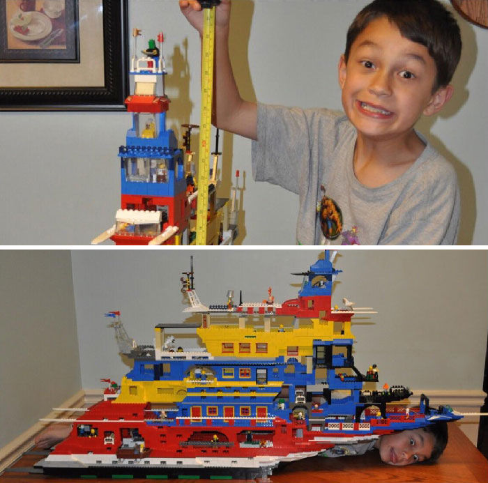 Boy measuring and showcasing intricate and colorful LEGO builds, highlighting incredible LEGO builds as real works of art.