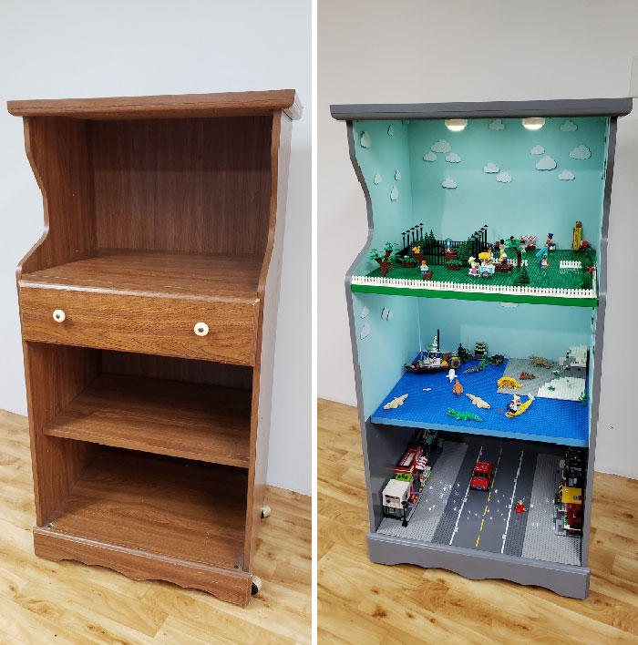 Wooden shelf transformed into a detailed LEGO builds display featuring city, ocean, and park scenes as incredible works of art.