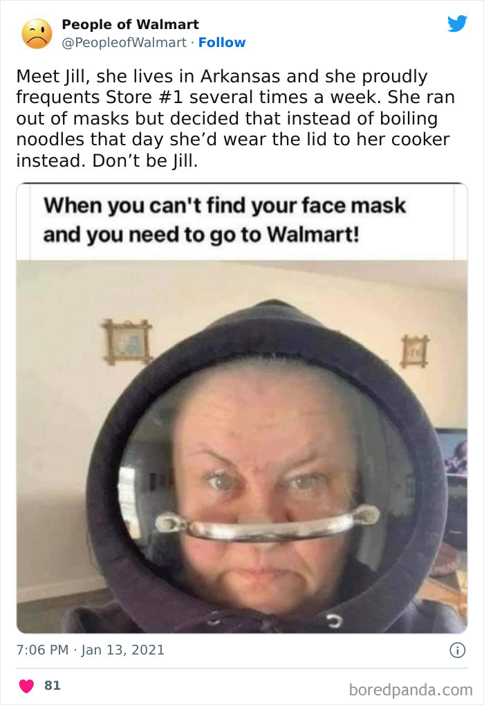 Woman wearing a pot lid as a face mask at Walmart.