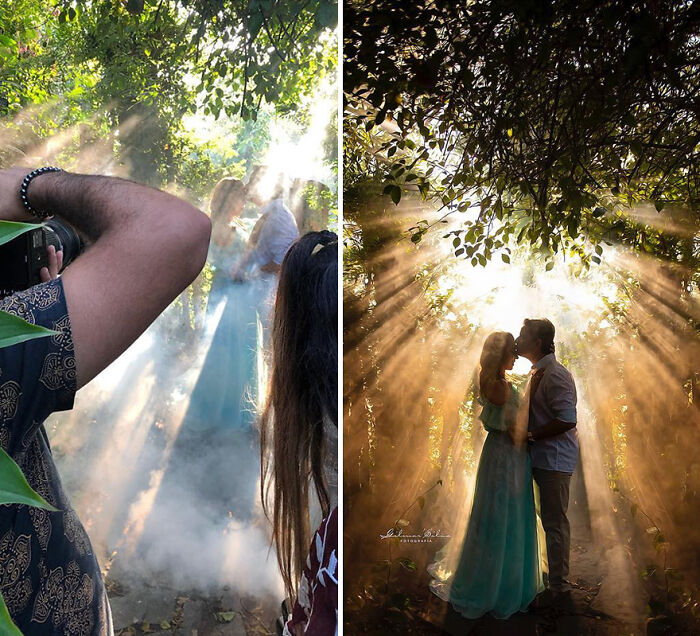 Photographer creating perfect professional photos using smoke and sunlight to capture a couple kissing in a forest.