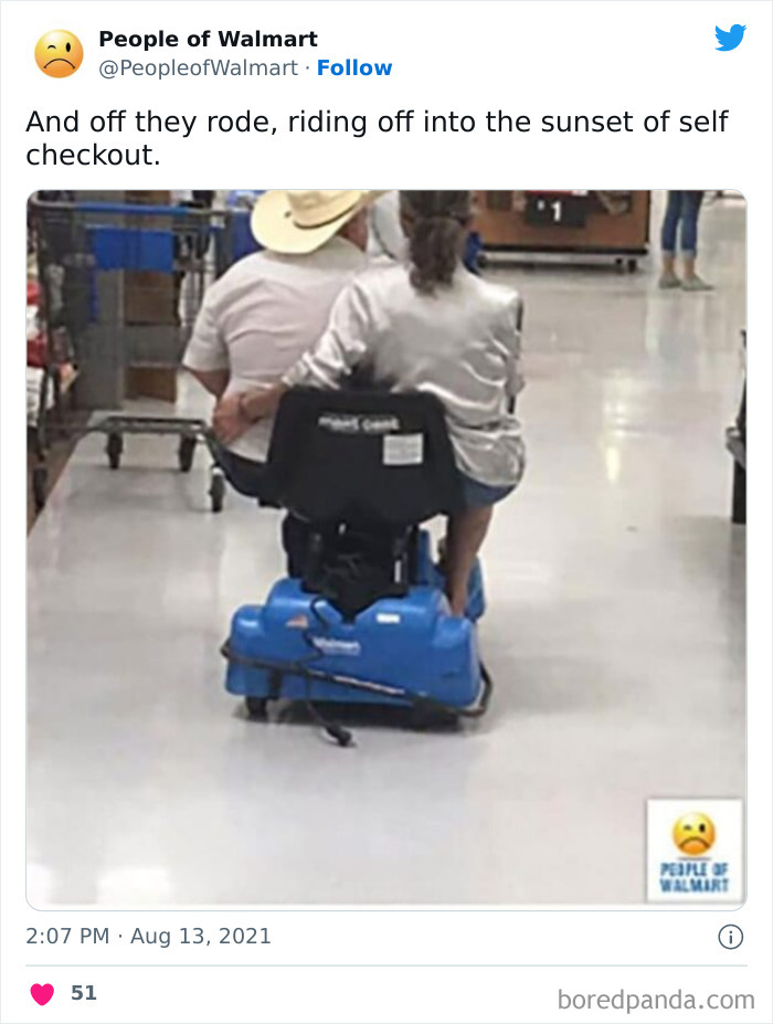 Two people in a mobility scooter at Walmart, humorously captured, embodying shocking Walmart photos.