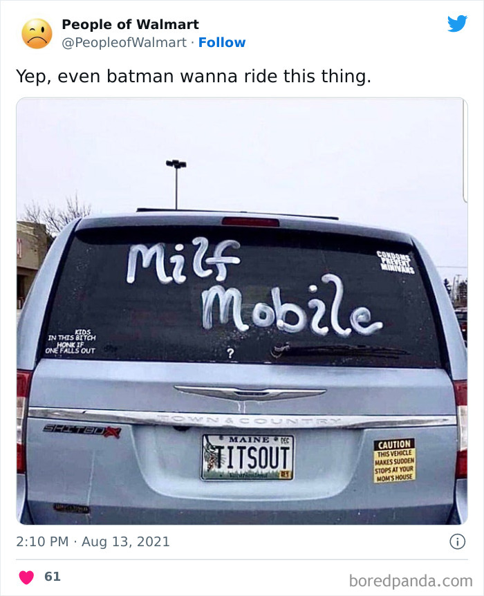 Humorous Walmart parking lot van with playful writing on the rear window.