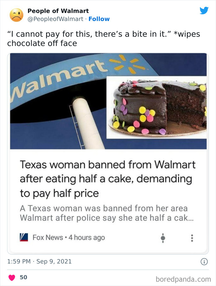 Walmart photo of a half-eaten cake and headline about a woman banned for attempting to pay half price.