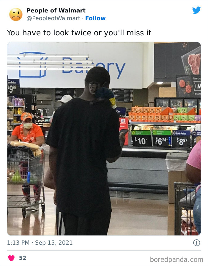 Man with parrot on shoulder standing in Walmart bakery aisle, creating shocking scene.