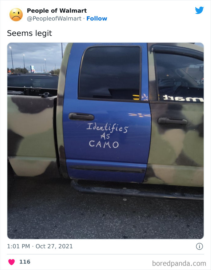 Walmart truck with mismatched camo paint and "Identifies as CAMO" written on it.