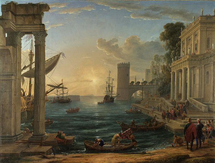 Landscape painting of ships and a harbor with classical architecture at sunset, created by a world-famous artist.