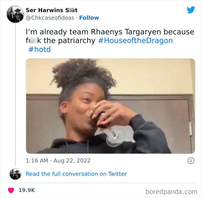 Person sipping wine with a smirk, supporting Rhaenys Targaryen. Hashtags reference House of the Dragon meme.