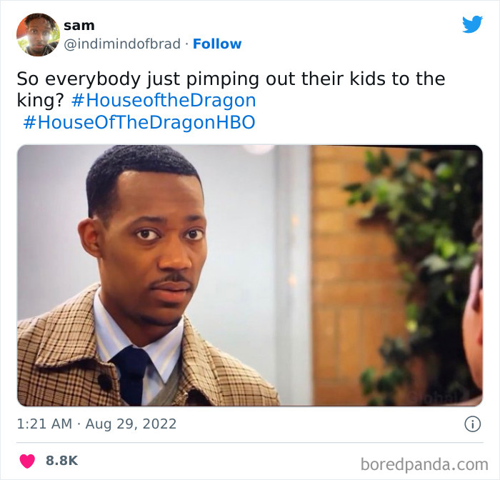 Man in a suit reacting with surprise in "House of the Dragon" meme shared on social media.