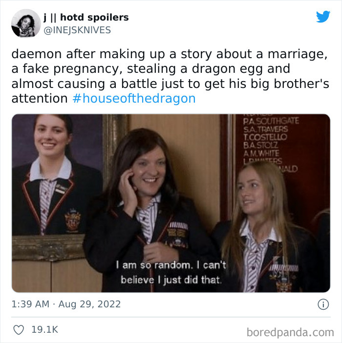 Two students in school uniforms with one covering her mouth in a "House of the Dragon" meme, looking surprised.