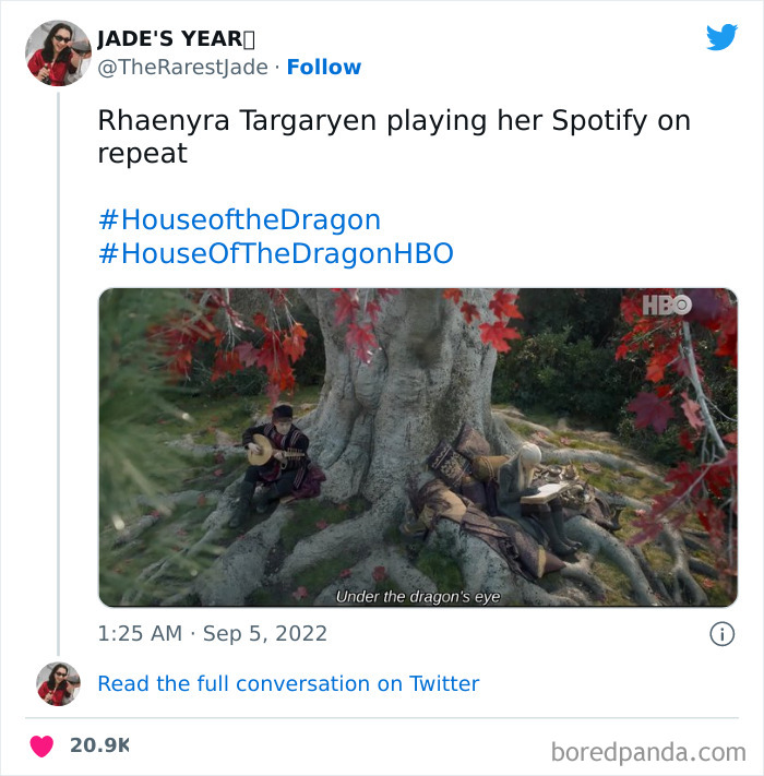 Rhaenyra Targaryen in a humorous House of the Dragon meme, captioned about listening to Spotify under a tree.