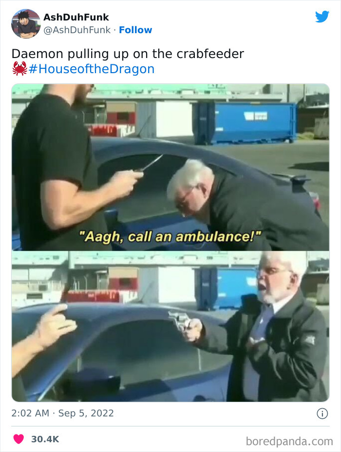 House of the Dragon meme with dialogue, "Aagh, call an ambulance," depicting a humorous confrontation scene.