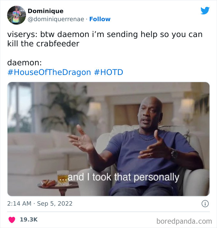 Meme featuring a scene from House Of The Dragon with humorous text and a seated person pointing, captioned humorously.