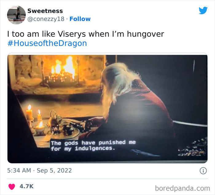 Viserys in House of the Dragon meme with subtitle "The gods have punished me for my indulgences" by a fireplace.