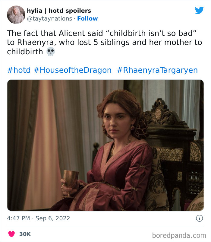 Woman in regal attire from House of the Dragon meme, holding a cup, with a caption about childbirth and Rhaenyra.