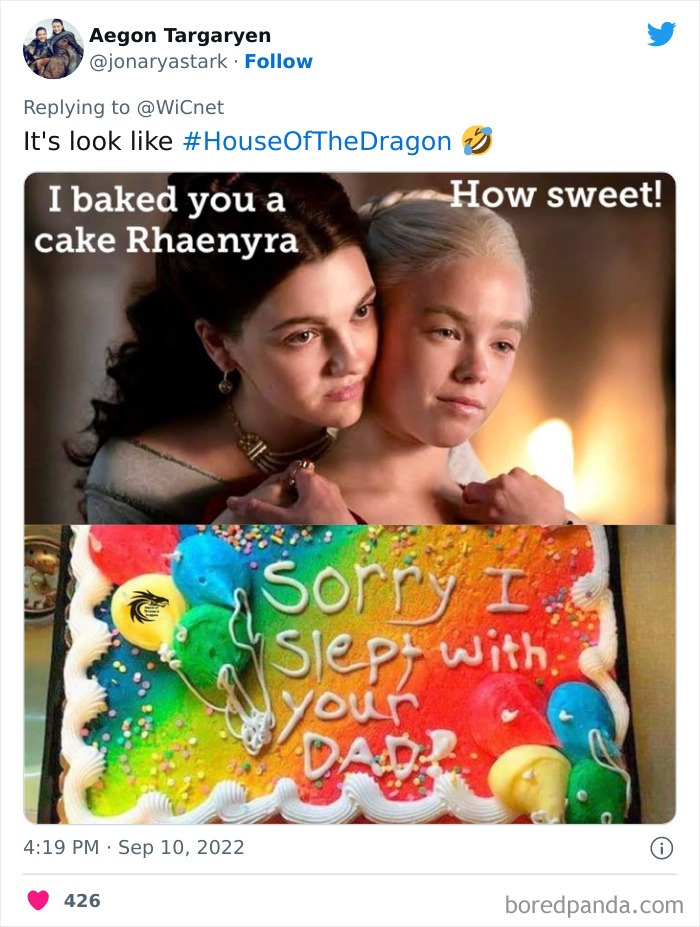 Two "House of the Dragon" characters with a colorful cake saying 'Sorry I slept with your dad?' in a humorous meme.