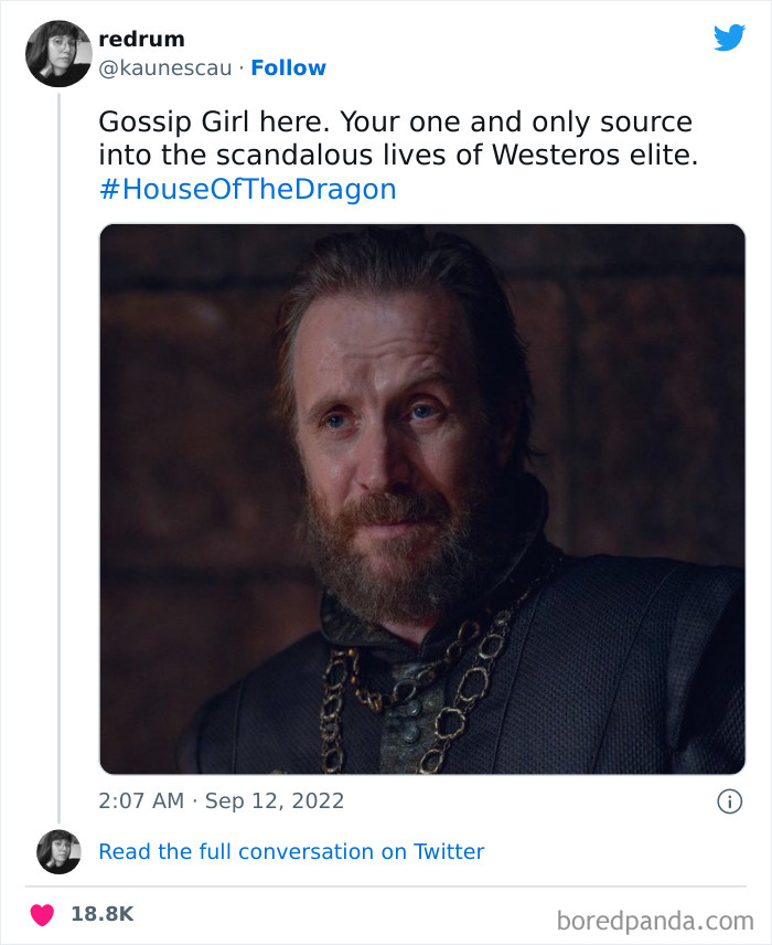 Character from House of the Dragon with a bearded face and ornate chain, featured in a humorous social media post.