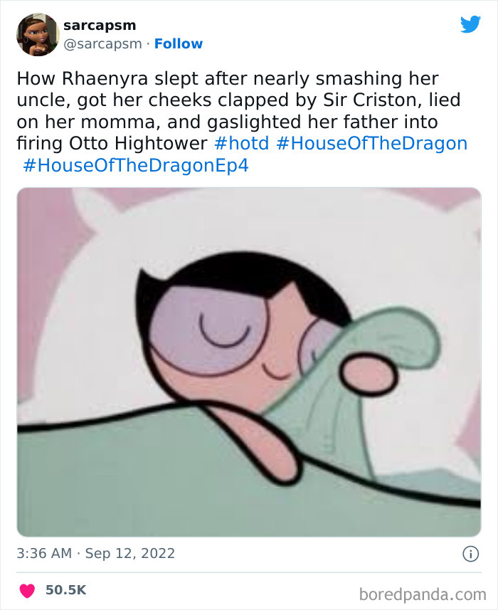 Cartoon character sleeping under a blanket, representing a humorous House of the Dragon meme.