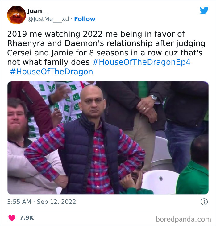 Man in blue vest and red plaid shirt with a humorous expression, joking about House Of The Dragon relationships.