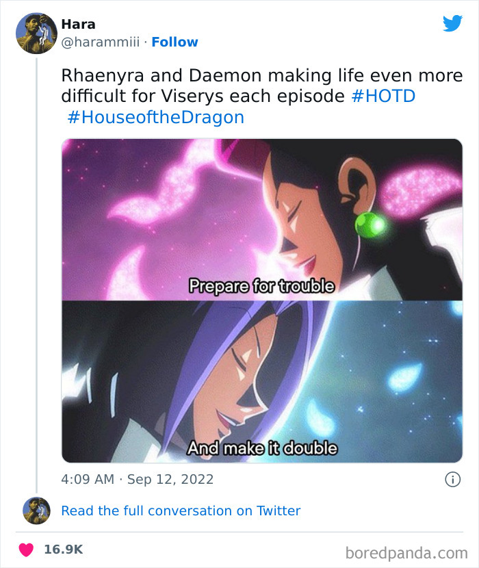 Anime-inspired House of the Dragon meme featuring two characters with captions: "Prepare for trouble" and "And make it double."