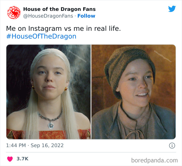 Split image with a glam character and casual look, captioned "Me on Instagram vs me in real life." House of the Dragon meme.
