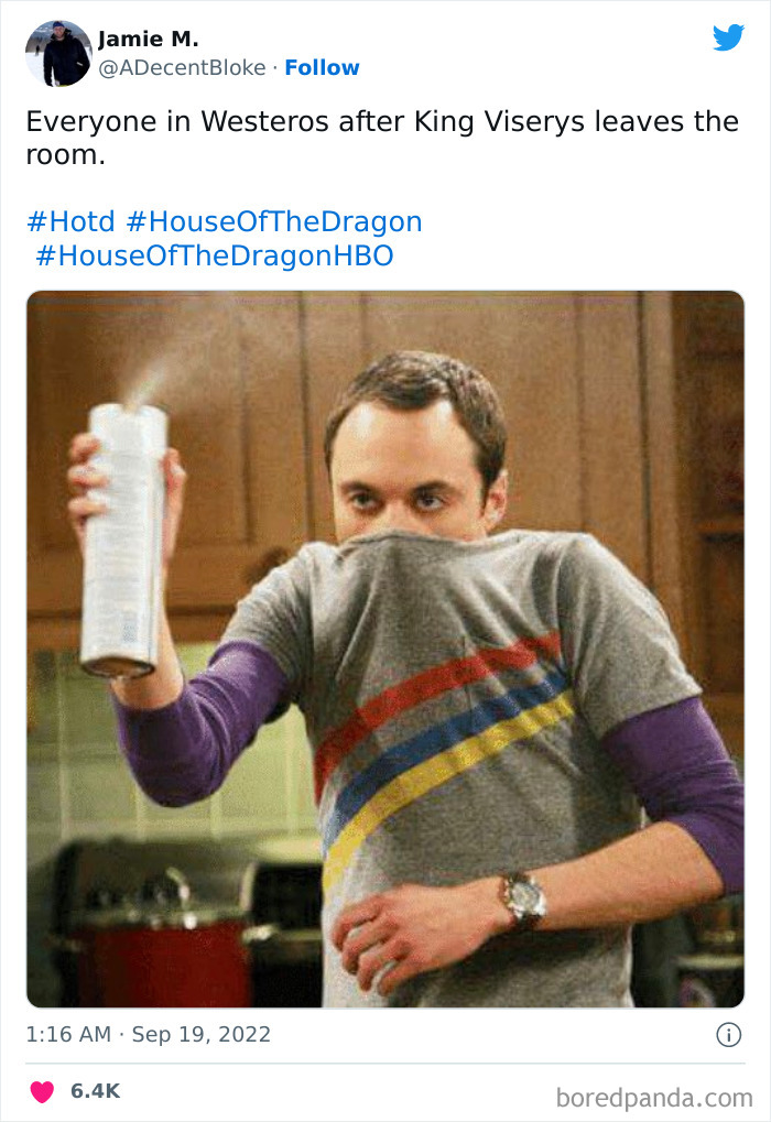 Person spraying air freshener with a humorous caption about House Of The Dragon, referencing King Viserys's absence.