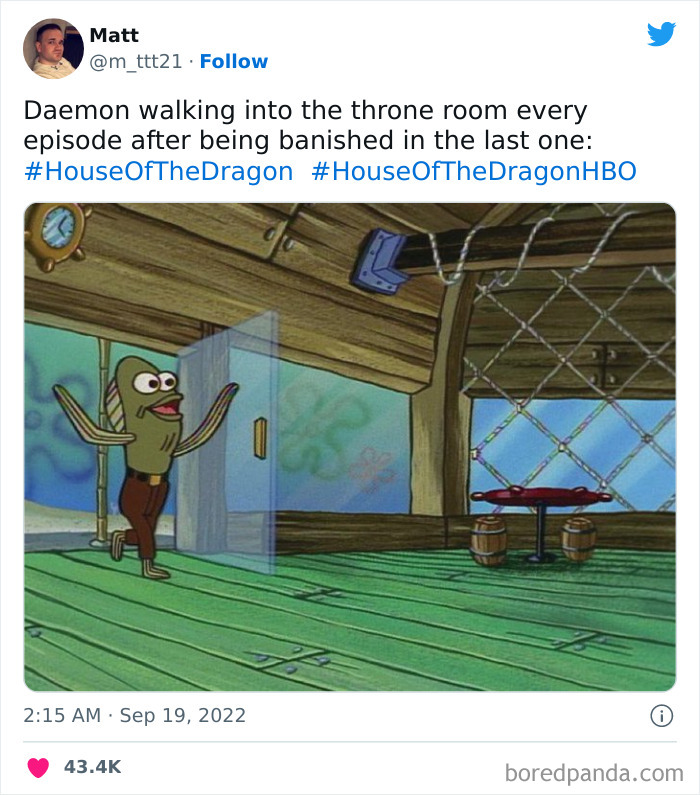 A meme comparing "House Of The Dragon" character to a cartoon character entering a building confidently.