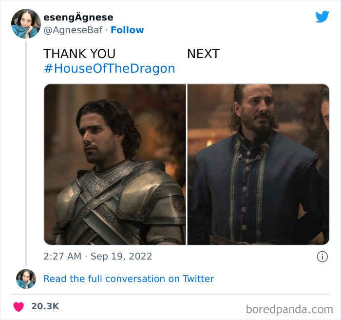 Two characters from House of the Dragon, one in armor and the other in blue, in a meme about conversation transitions.