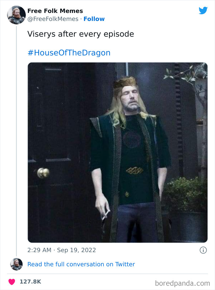 Man with long hair and crown dressed as a king, referencing a House of the Dragon meme.