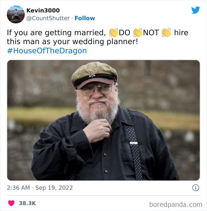 Man in a cap with glasses jokingly suggested as a wedding planner in a House of the Dragon meme.