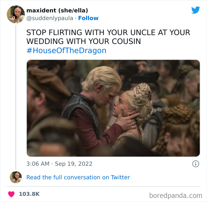 House Of The Dragon meme with two characters about to kiss, highlighting awkward family dynamics.