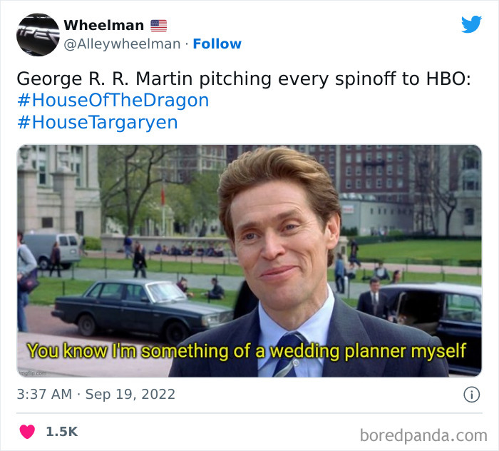 Man humorously referencing House of the Dragon memes, with a background of cars and trees.