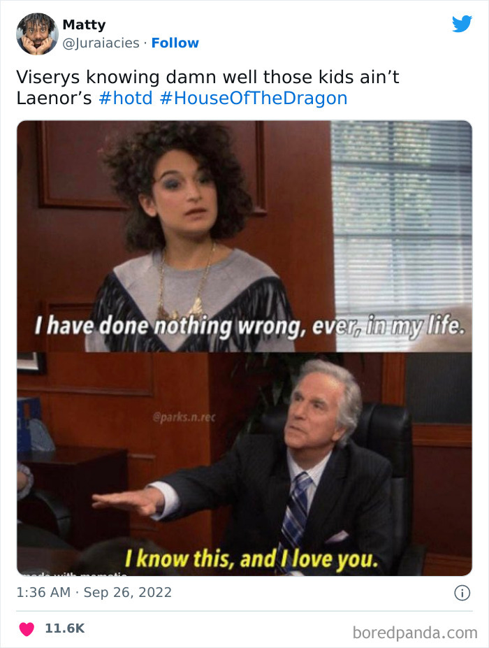 Two people in an office setting, with text referencing a humorous "House of the Dragon" meme.