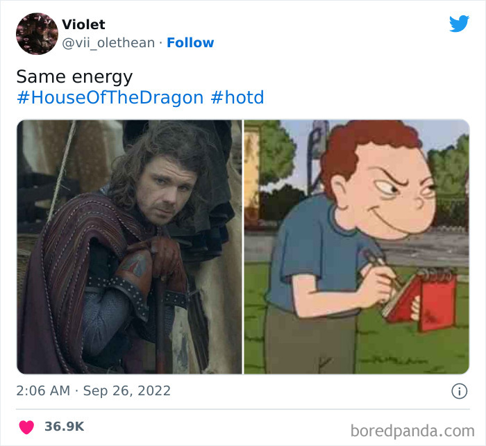 House Of The Dragon meme comparing a character in medieval armor to a mischievous cartoon boy writing in a notebook.