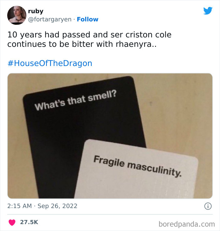 "House of the Dragon meme with cards that read 'What’s that smell?' and 'Fragile masculinity.'"