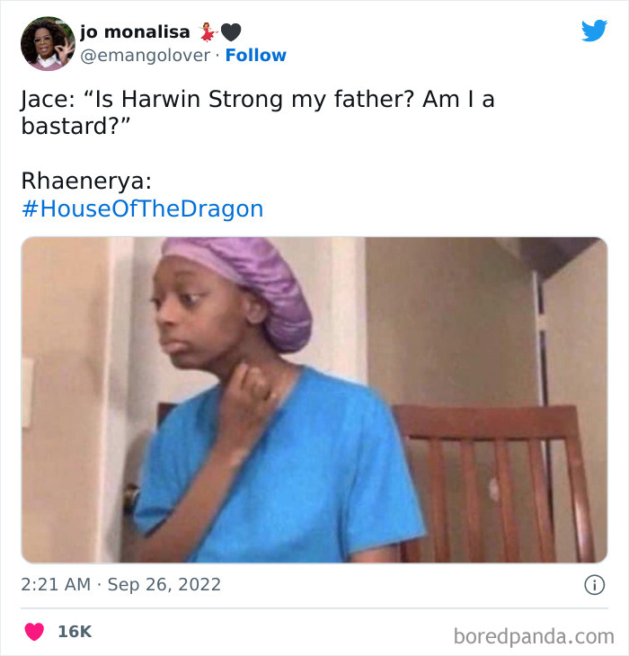 Person in blue shirt and purple headscarf looking skeptical, referencing House of the Dragon meme.