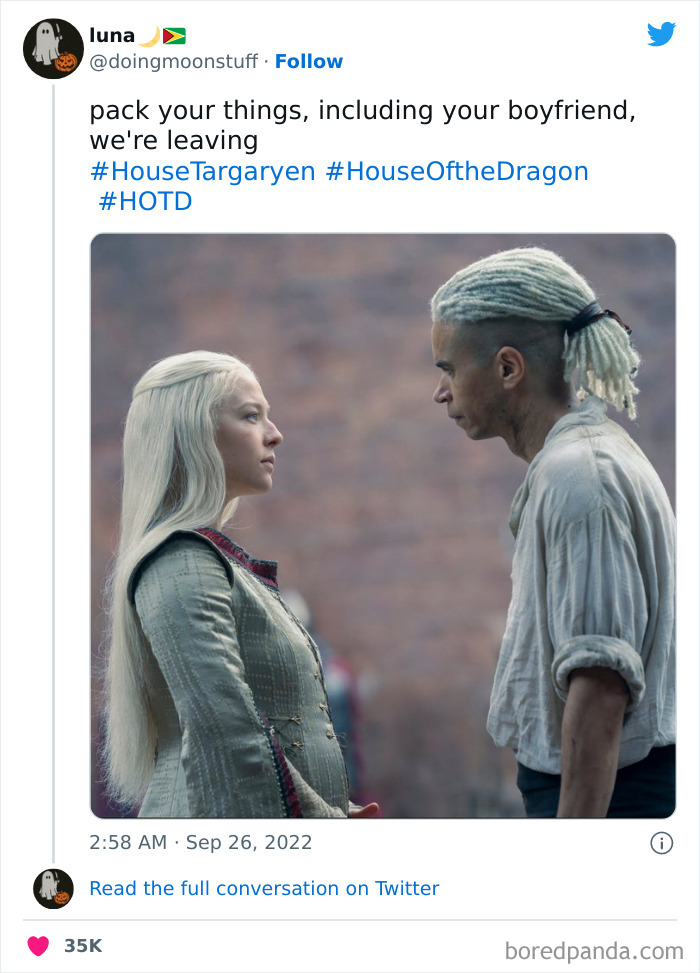 Two characters from House of the Dragon face each other intensely in a meme format.