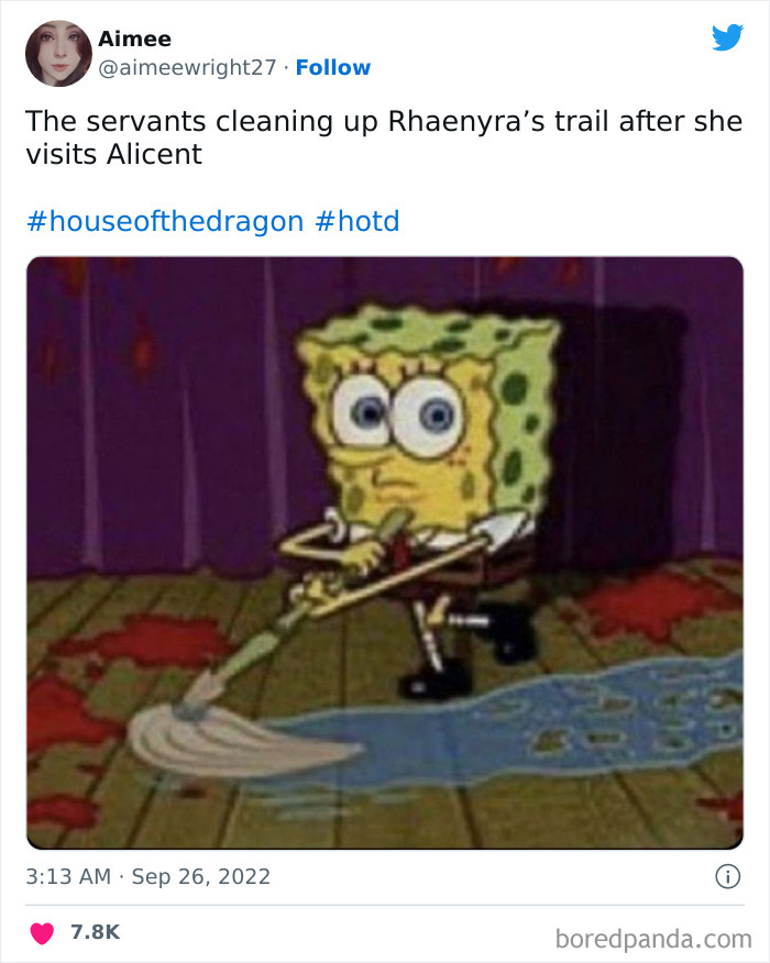 SpongeBob mopping a floor, with a humorous caption related to House of the Dragon.