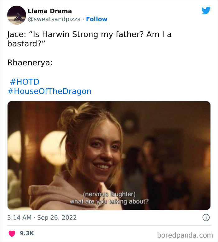 Woman nervously laughing captioned with House of the Dragon meme text about paternity.