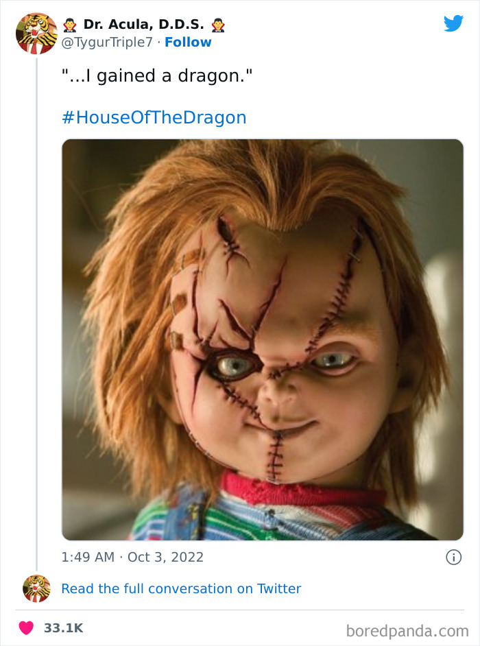 Creepy doll with scars smiling, caption reads "I gained a dragon." Hashtag #HouseOfTheDragon included.